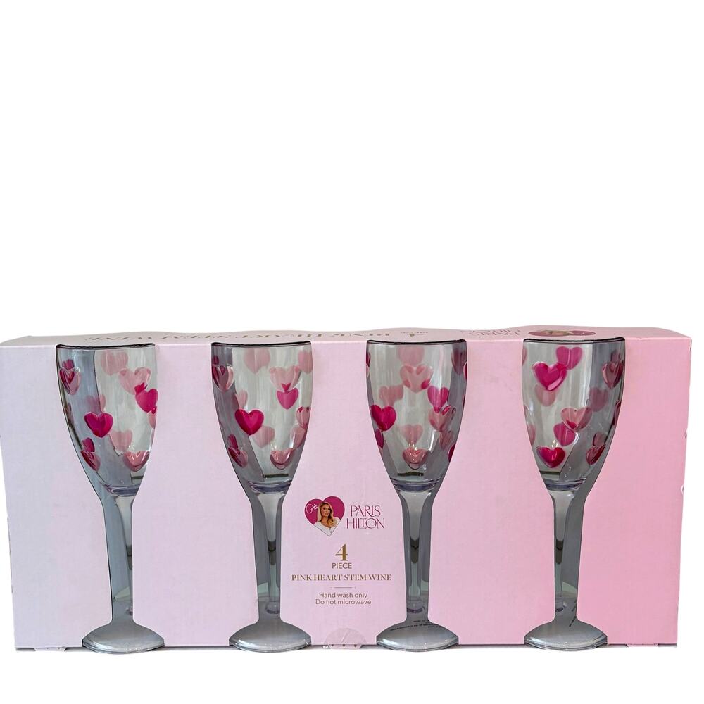 Paris Hilton Pink Heart Acrylic Stem Wine Glasses Set of 4 Outdoor Barware NEW